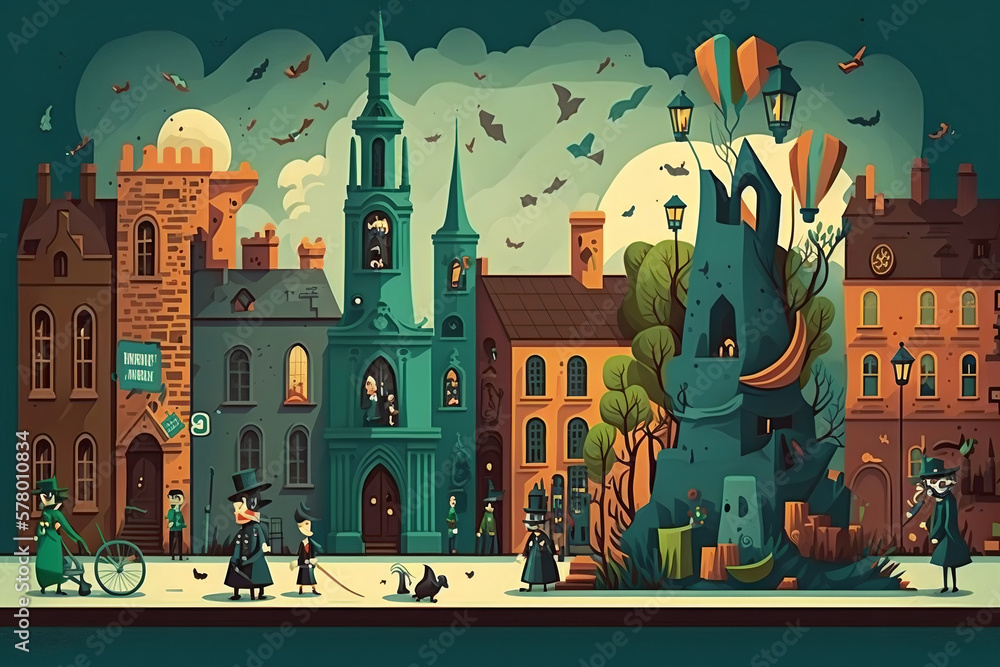 Fototapeta premium A vibrant illustration capturing the unique history and culture of Dublin, featuring iconic landmarks and bustling streets. generative ai