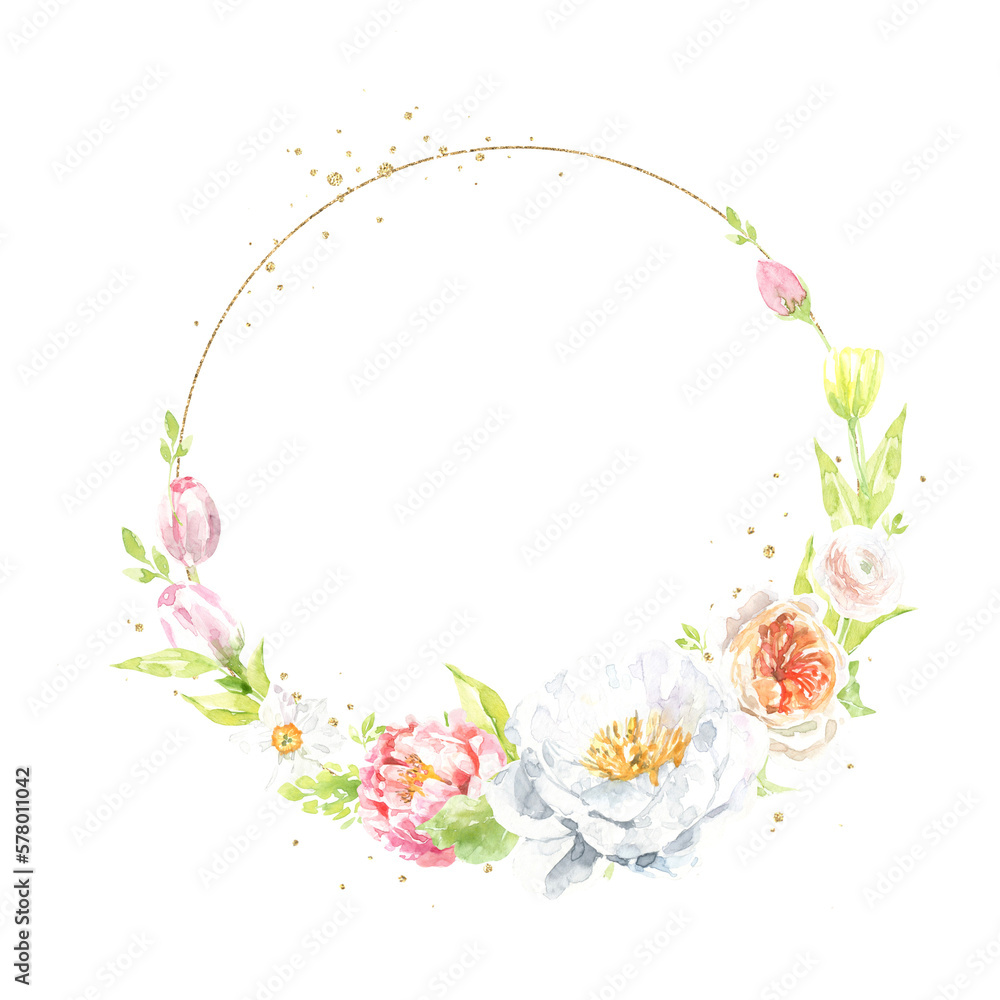 Watercolor Easter gold polygonal geometry frame illustration. Botanical spring floral frame, gold glitter wreath, chaplet, peony,rose, cute Easter bunny animal clipart, baby shower, happy birthday	