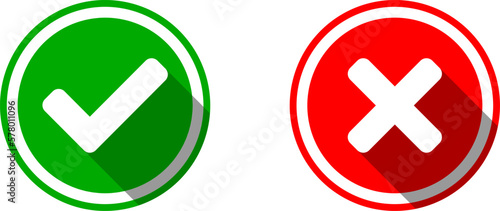 Yes and No or Right and Wrong or Approved and Declined Icons with Check Mark and X Signs with 3D Shadow Effect in Green and Red Circles. Vector Image. 