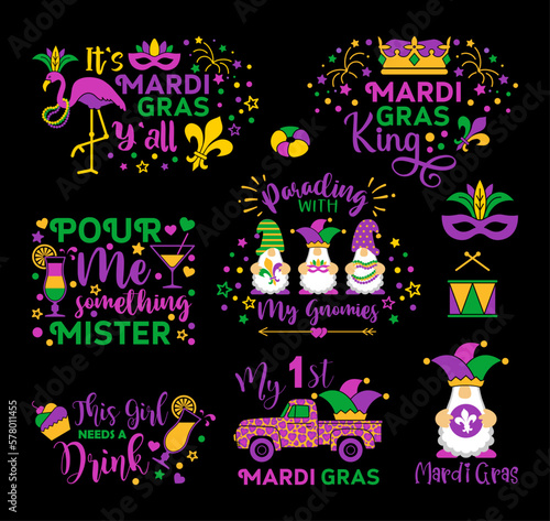 Mardi Gras carnival lettering quotes flat style. Collection mask with feathers  beads  jester hat  fleur de lis
