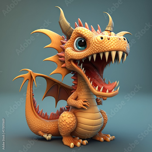 3d gold dragon. Cute cartoon character design. Generated AI