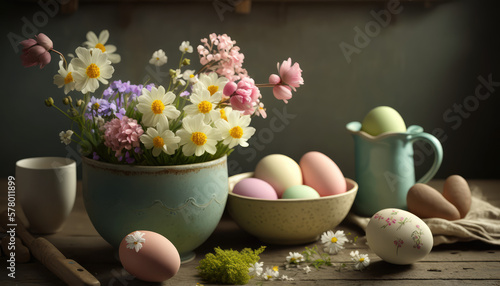 "Easter Eggs and Spring Flowers" - a delightful wallpaper background featuring colorful Easter eggs and blooming spring flowers