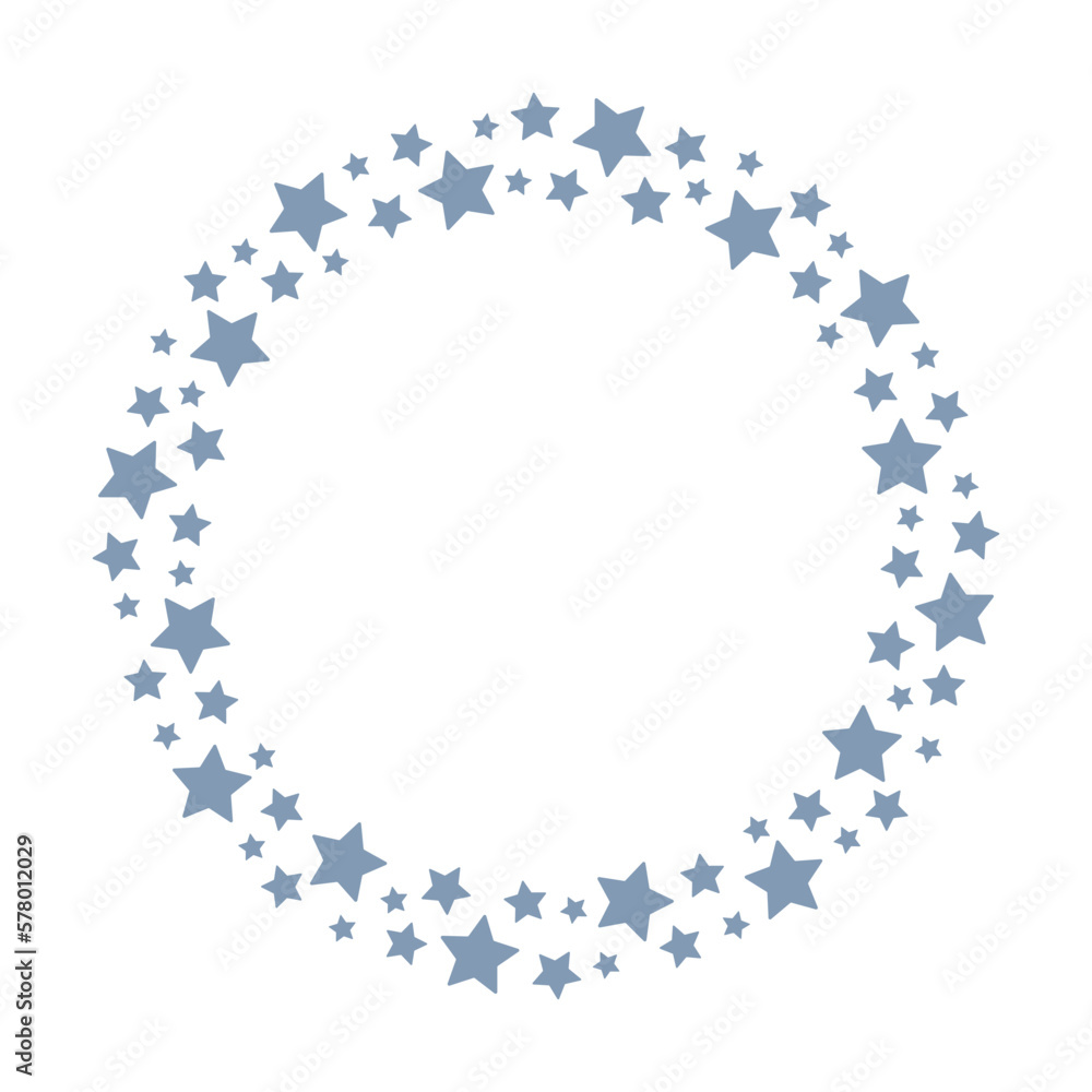 Round border frame garland with cute blue stars. Can be used for cards, kids' bedclothes, invitations. Isolated vector and PNG illustration on transparent background.