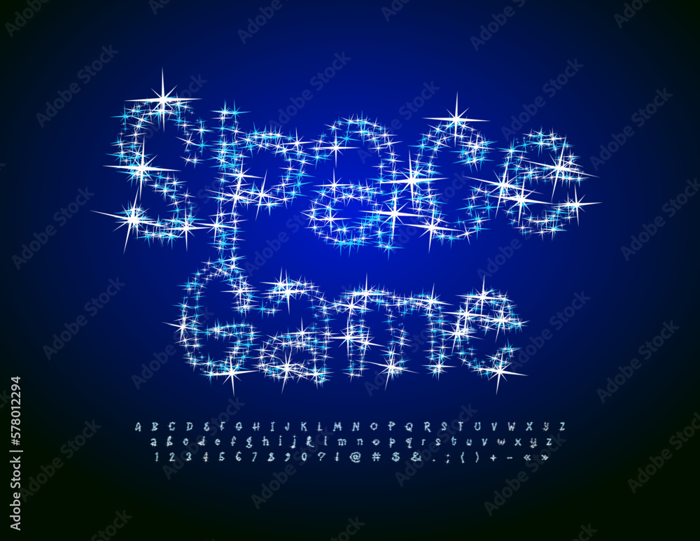 Vector bright banner Space Game. Modern Alphabet Letters and Numbers set. Fantasy Font with Sparkling Stars. Vector bright banner Space Game. Modern Alphabet Letters and Numbers set. Fantasy Font with Sparkling Stars.