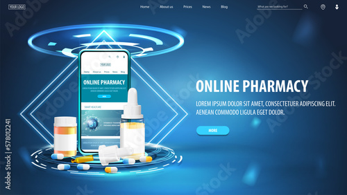 Online pharmacy, banner with hologram of podium with smartphone and medications in blue scene with neon rhombus frames and hologram of digital rings