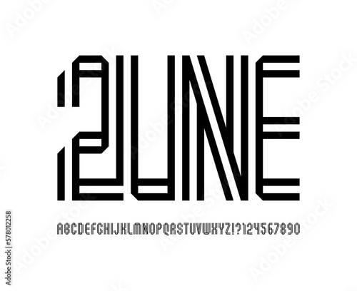 Font alphabet from the dual line, minimal technology style letters and numbers made in two parallel ribbon, vector illustration 10EPS