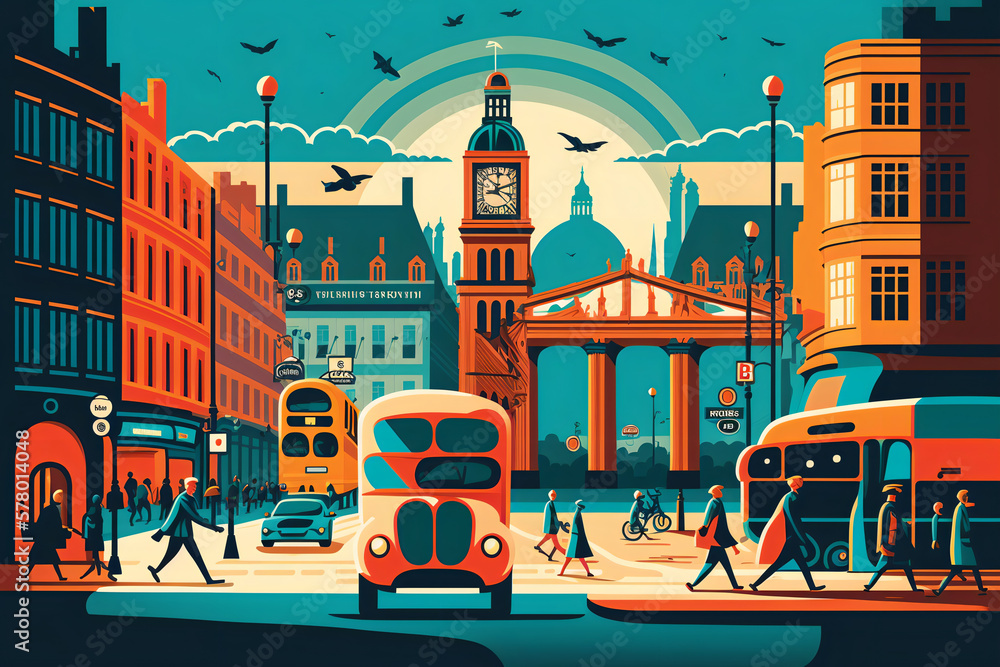 A colorful and energetic illustration of London's iconic landmarks and ...