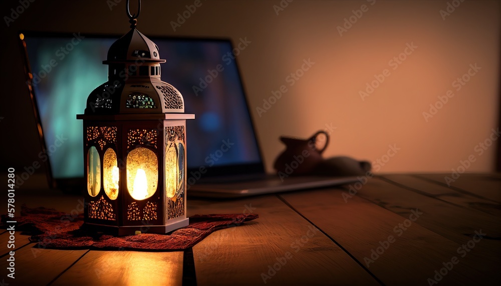 Minimalistic Desk Decorated with Eid Lantern for Muslim Holidays. Generative AI.