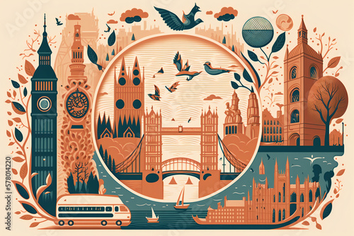A colorful and energetic illustration of London's iconic landmarks and bustling streets, capturing the city's unique history, culture, and diverse array of people. generative ai
