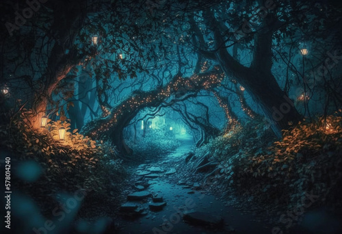 A Gloomy Fantasy Forest at Night: An AI-Generated Render of an Enchanted, Glowing, and Hauntingly Eerie Fairytale Land