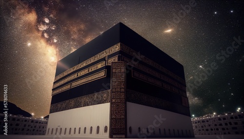 Kaaba in Mecca with night sky. Concept. Generative AI.