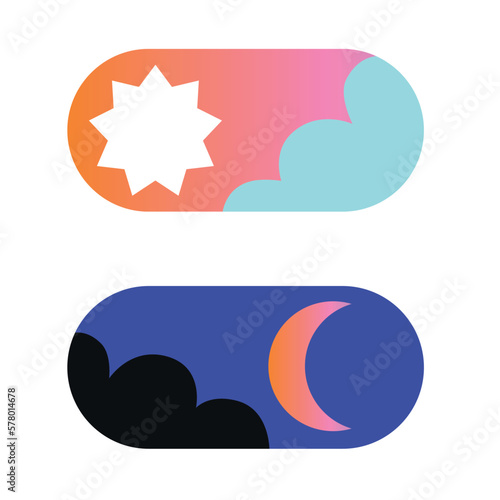 Day and Night Mode Switcher for Phone Screens. Vector. Light and Dark Buttons. Switch to dark or light mode. On Off Switch Element for Mobile App, Web Design, Animation.