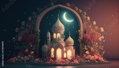 Ramadan Theme Decor with Flowers, Moon, Mosque's Roof, and Lights. Generative AI.