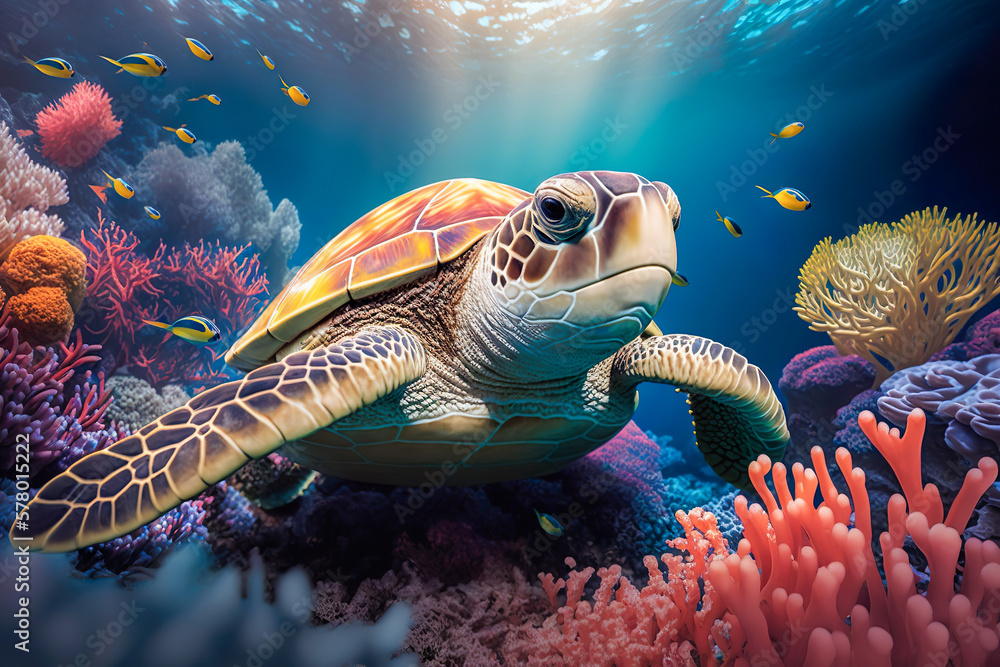 Sea turtle swimming in the under sea , Beautiful Underwater and colorfull coral in wild nature of the Pacific Ocean , Generate Ai - obrazy, fototapety, plakaty 