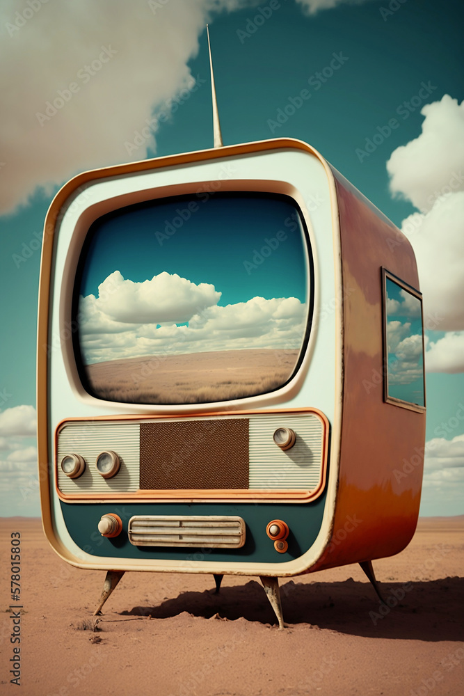 retro tv in field on background sky retro tv in field on background sky