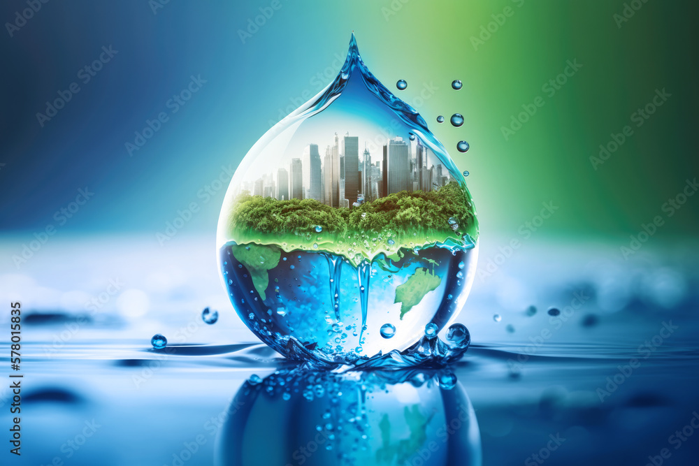 Water drop with city for World Water Day ,Generative Ai Stock