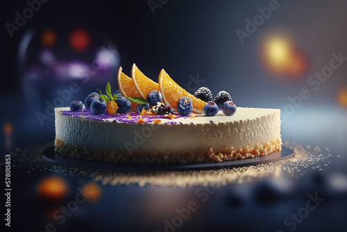 cheesecake with pieces of fruit on blue background