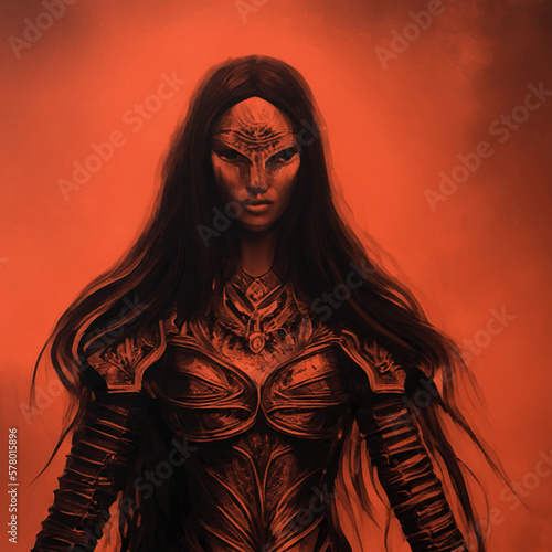Woman warrior in armor, red background, dark fantasy
