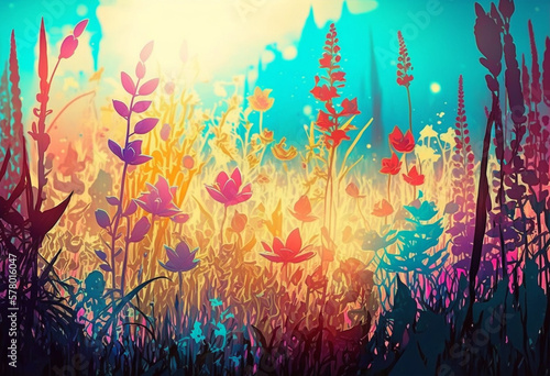 Vibrant AI-Generated Render of a Colorful Abstract Flower Meadow: A Delicate Natural Artwork for Joyful Spring and Summer Scenery