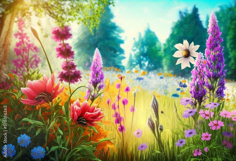 A Colorful AI-Generated Spring Meadow of Wildflowers and Daisies