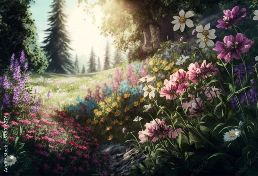 Obraz premium A Colorful AI-Generated Spring Meadow of Wildflowers and Daisies