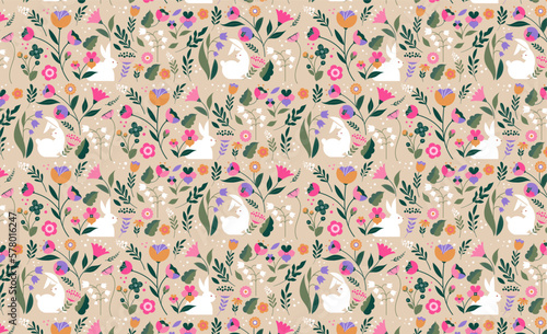 Spring, Happy Easter patterned background, decorated modern style card, banner. Patterned eggs with bunnies, flowers and basket. Colorful minimalist design