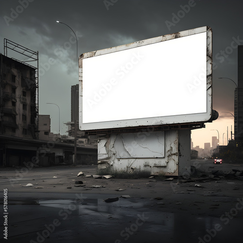 blank billboard mockup for advertisement in post apocalyptic city, Generative AI