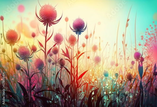 Vibrant AI-Generated Render of a Colorful Abstract Flower Meadow: A Delicate Natural Artwork for Joyful Spring and Summer Scenery