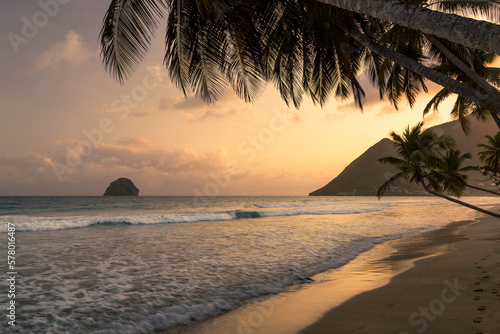 beautiful sunset on a beach with palm trees