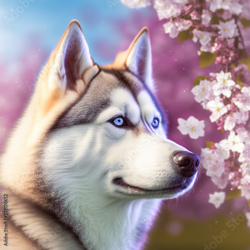 Ravishing hyper realistic digital portrait of happy siberian husky dog in natural outdoor lush with flower during springtime background as concept of modern domestic pet by Generative AI. photo