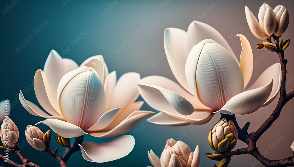 Obraz premium Magnolia flower branch on the blue gradient background. Soft focus floral backdrop. Generative AI.