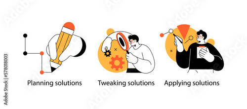 Digital Marketing illustrations. Collection of scenes with men and women taking part in business activities. Trendy vector style