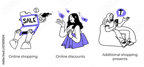 Online shopping and E-commerce concept set. Sale, orders, online payment, delivery, loyalty program. Visual stories collection