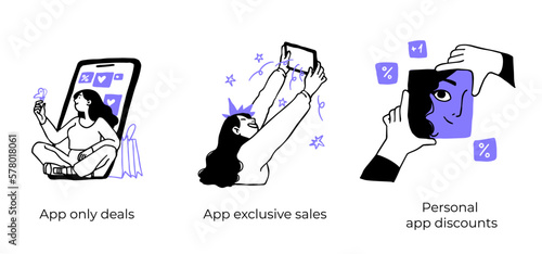 Online shopping and E-commerce concept set. Sale, orders, online payment, delivery, loyalty program. Visual stories collection