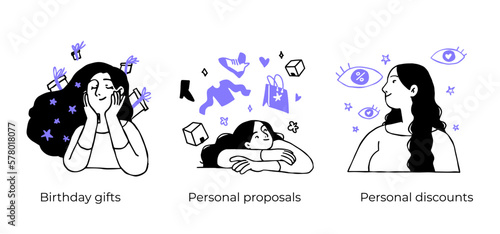 Online shopping and E-commerce concept set. Sale, orders, online payment, delivery, loyalty program. Visual stories collection