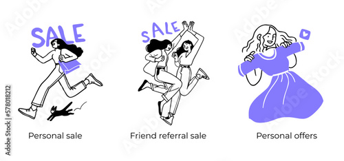 Online shopping and E-commerce concept set. Sale, orders, online payment, delivery, loyalty program. Visual stories collection