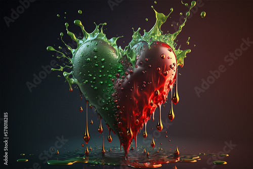 Broken heart concept. Poison of love. Green flames and poison drops flows down from the red cut heart. Generative AI photo