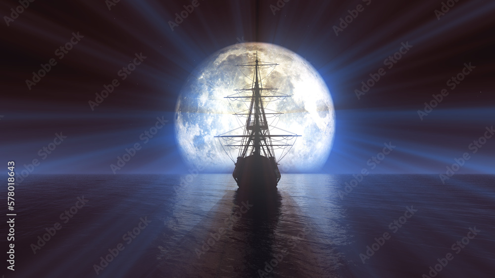 old ship in sea full moon illustration old ship in sea full moon illustration