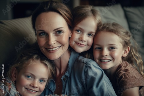 Caucasian mom portrait with her daughters relaxing at home. Happy mothers day. Generative AI illustration