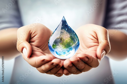 Foto Hand hold water drop with earth , Generative Ai