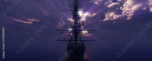 old ship sunset at sea 3d rendering