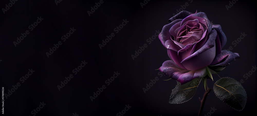 Dark purple rose flower in black background generative ai
