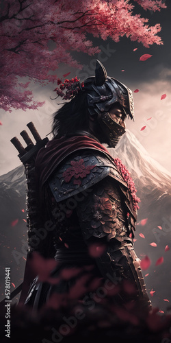 Samurai portrait in the mountains with cherry blossoms. Generative AI