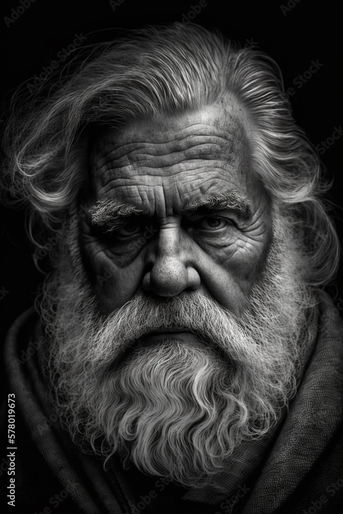 An old man with a beard. Black and white portrait. Generative AI