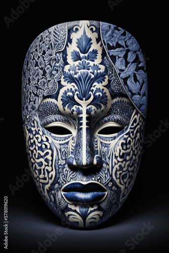 African mask made of chinese blue and white pattern porcelain