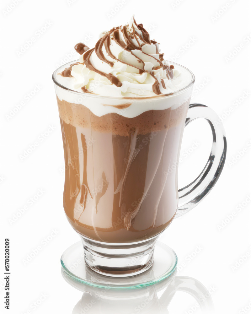 This image features a refreshing Hot Chocolate drink served in a glass on a pure white background. Generative AI This image features a refreshing Hot Chocolate drink served in a glass on a pure white background. Generative AI