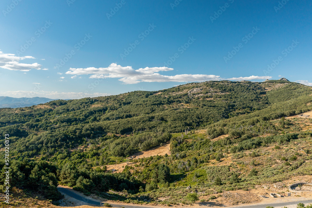 Aerial drone view of landscape sunny day in spring in northern Extremadura, Spain, with road, trees, plants and rocks.