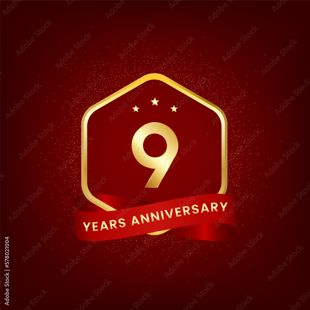9 years anniversary. Anniversary template design with gold number and red ribbon, design for event, invitation card, greeting card, banner, poster, flyer, book cover and print. Vector Eps10 9 years anniversary. Anniversary template design with gold number and red ribbon, design for event, invitation card, greeting card, banner, poster, flyer, book cover and print. Vector Eps10