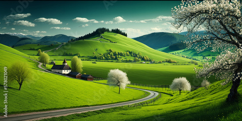 Beautiful spring landscape scene with rolling green hills. Generative ai
