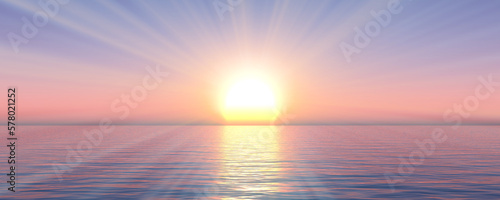 sunset sea sun ray clear sky. 3d rendering